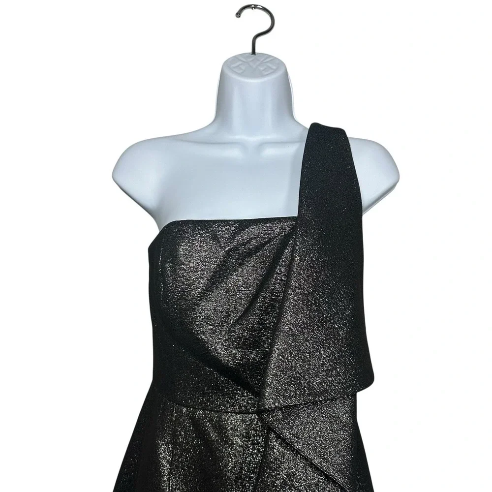 Halston Heritage NWT Black Metallic One Shoulder Draped Cocktail‎ Dress Size 0